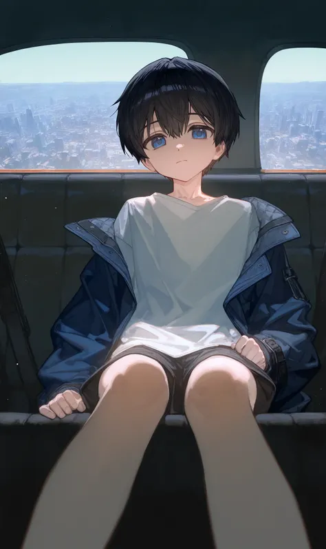 1boy, , , (ciloranko:0.9), lack,foreshortening, black hair,closed mouth, blue eyes,solo , cinematic, masterpiece, best quality, good quality, newest, highres, absurdres,shota,black shorts clothes,jacket,oversized shirt,, sitting in car backseat,looking at ...