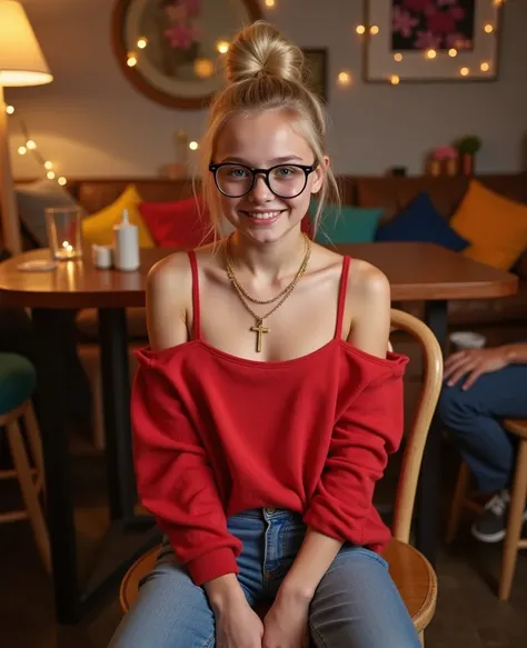 House-Party, sitting on a bar stool,( photorealistic:1.34), full figure, ( super wide angle shot ),  The viewer sees her from the front , A sixteen-year-old girl with very light blond hair, Space-bun hairstyle, with blue eyes, from Russia, short forehead ,...