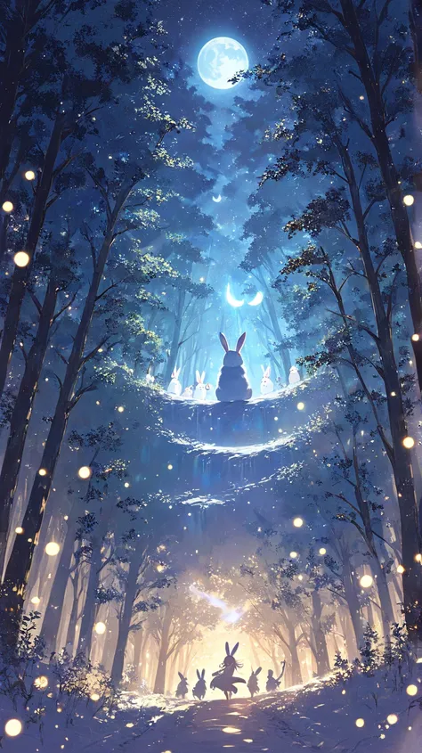 Isekai anime style, warm and inspiring lighting. A glowing white rabbit leading a group of forest animals through the darkness. His soft, moon-like glow brightens the path, casting warm light on their faces. The atmosphere is hopeful and magical, with tiny...