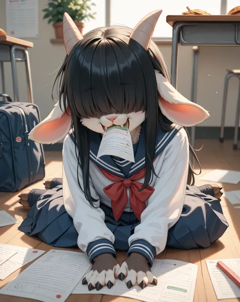 school girl , furry female goat , geek , Introvert , long hair , bangs , hair over eyes , school uniform , bold action , sit on floor , eat paper , 1 paper on mouth , blow job , Throat