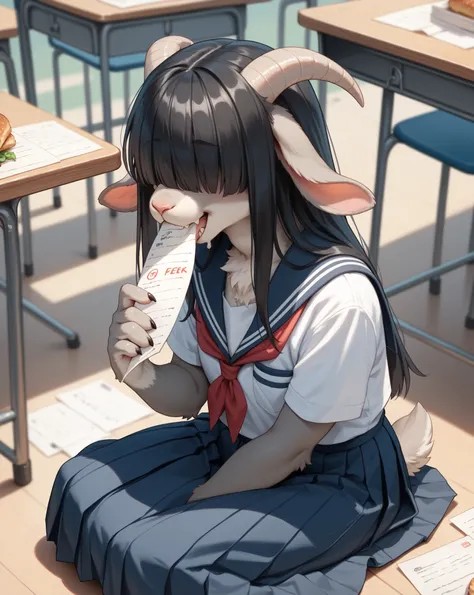 school girl , furry female goat , geek , Introvert , long hair , bangs , hair over eyes , school uniform , bold action , sit on floor , eat paper , 1 paper on mouth , blow job , Throat