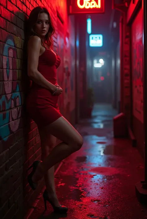 (((16k photograph))) 20-year-old brunette girl with long brunette hair, large breasts, deep cleavage. She is wearing a tight red mini dress. She leans against a graffiti-covered brick wall in a narrow alleyway, one hand on her hip, one foot pressed against...