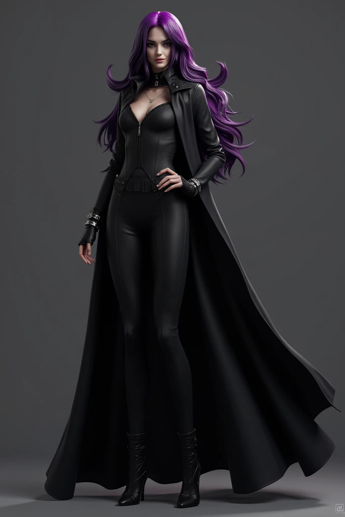 A 3d girl,  of black hair with purple highlights, black clothes and a black cape 