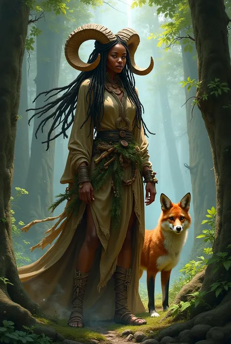 A powerful Black female druid with a mystical aura, illustrated in the highly detailed and dynamic style of Wayne Reynolds. She has long braids and dreadlocks adorned with natural elements like bones and wooden beads. Curved ram horns emerge from her head,...