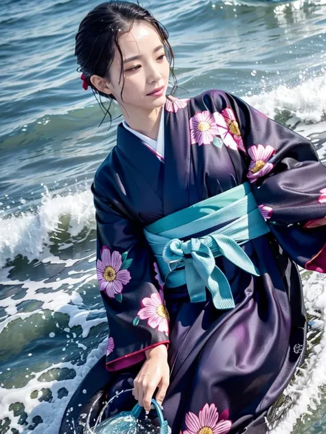 Realistic, long-sleeved kimono, hakama, long hakama, floral patterned kimono, wet clothes, soaking wet clothes, wet and shiny clothes, clothes with a wet texture, clothes that stick to the body, wet clothes, clothes wet from rain, soaking wet, submerged in...