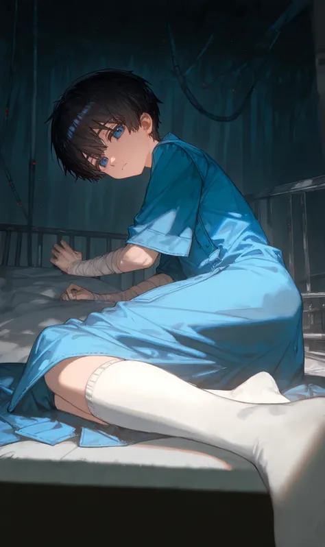 1boy, , , (ciloranko:0.9), lack,foreshortening, black hair,closed mouth, blue eyes,solo , cinematic, masterpiece, best quality, good quality, newest, highres, absurdres,shota,hospital gown,no shoes,looking at viewer,in side hospital background,bandaged arm...