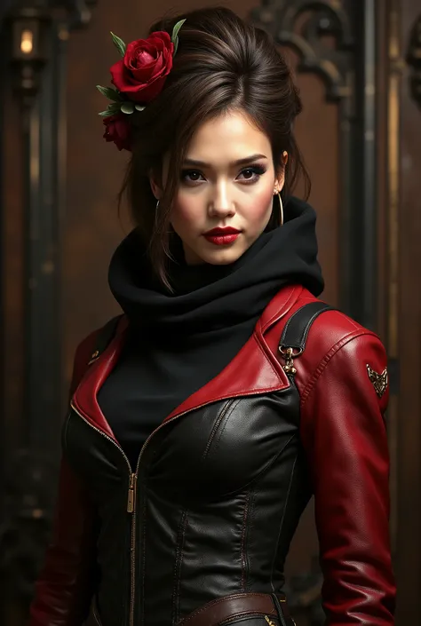 best quality,4k,8k,highres,masterpiece:1.2),ultra-detailed,(Ultra-realistic, photorealistic,photo-realistic:1.37), best quality, highres, 4k, 8k, amazing quality, Photo full portrait of photo real. black and red leather steampunk woman. steampunk backgroun...