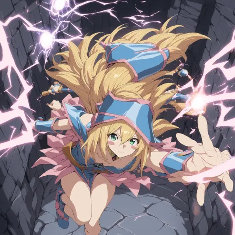 1girl,  blamagi,blonde hair, green eyes, long hair, medium breasts,blush stickers,wizard hat,
wand,magic circle, electricity, lightning, energy,fighting stance,
from above, feet out of frame, looking at viewer, happy, cave, closed mouth,
masterpiece, best ...