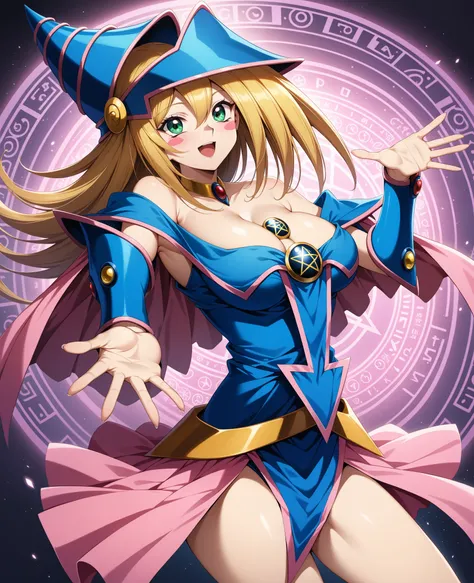 (masterpiece, best quality, very aesthetic, ultra detailed), intricate details, 4k, aadmg, long hair, blonde hair, hat, blue headwear, green eyes, blush stickers, breasts, choker, bare shoulders, cleavage, blue dress, pentacle, vambraces, pelvic curtain, p...