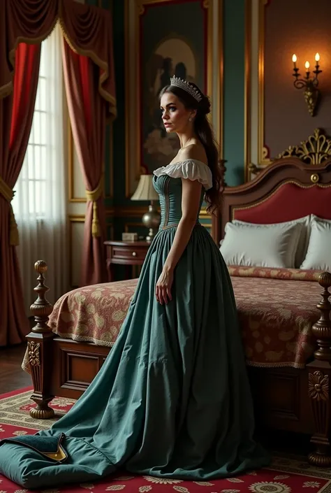 The Countess in her apartments. She's standing by her bed waiting. In front of her, a modern nylon sleeping bag with a zippered hood in the middle is lying on the bed.