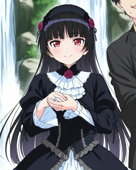 A tender moment amidst the vibrant atmosphere of a night fair. Ruri Gokou, dressed in a stunning Gothic Lolita outfit, gazes up at her partner with bright red eyes and a bashful smile, her long hair cascading down her back like a waterfall. Her mole seems ...