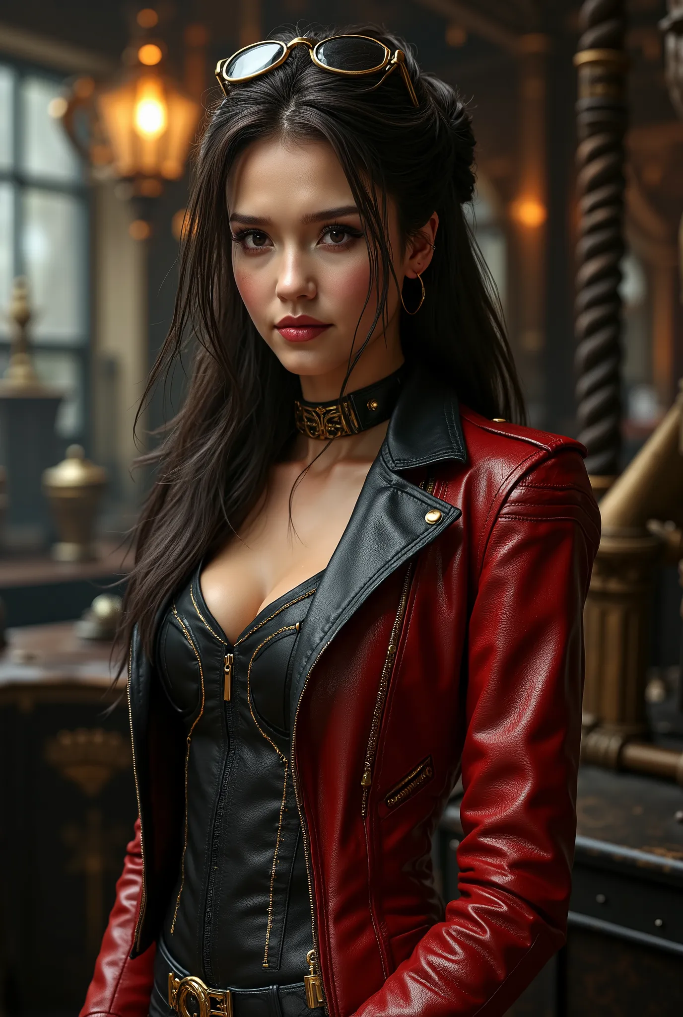 best quality,4k,8k,highres,masterpiece:1.2),ultra-detailed,(Ultra-realistic, photorealistic,photo-realistic:1.37), best quality, highres, 4k, 8k, amazing quality, Photo full portrait of photo real. black and red leather steampunk woman. steampunk backgroun...