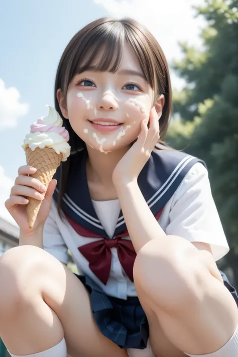 licking a ice cream, petite, loli, japanese, seductive smile, Outdoors, school uniform, (cream on face:1.6), facial, (panty shot), cream on cheek, cream on nose, whipped cream, squatting, from below, open knee, (camel's toe:0.6), hand on knee, 