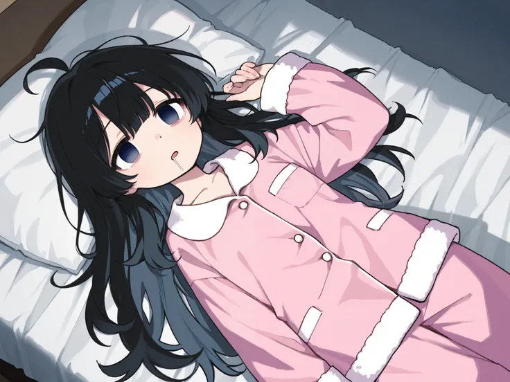  1 girl、 black hair、Undressed Long Hair 、 pastel pink inner color、fluffy pink long sleeve pajamas、 lying on the bed。 looks bad、 Empty Eyes、 is drooling。 angle from above、 is weak。