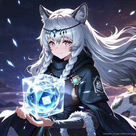 1girl, solo, animal_ears, long_hair, blue_eyes, looking_at_viewer, white_hair, tail, leopard_ears, fur_trim, upper_body, pramanix_(arknights), headpiece, anime girl with white hair holding a crystal cube in her hands, holo is a wolf girl, white - haired fo...