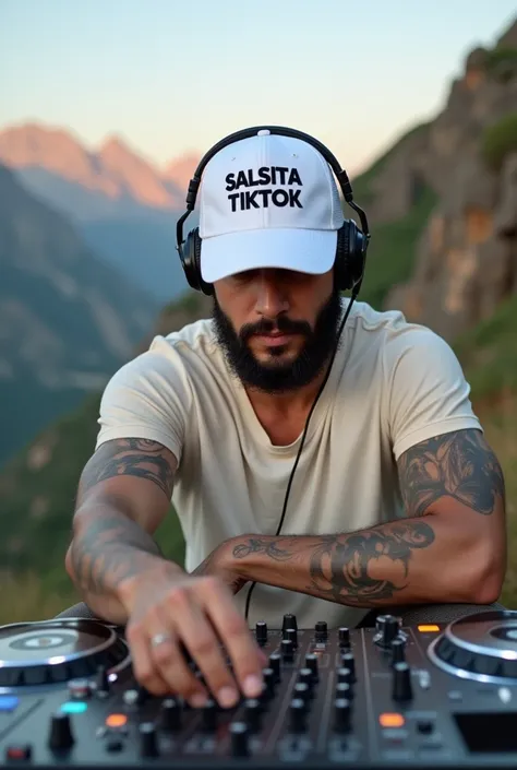                  The camera from top to bottom captures a Latino man        ,          Handsome with light brown eyes         , beard,          athletic physique      ,          tattooed arms. Posing as DJs with their headphones and DJ mixer in the mountai...