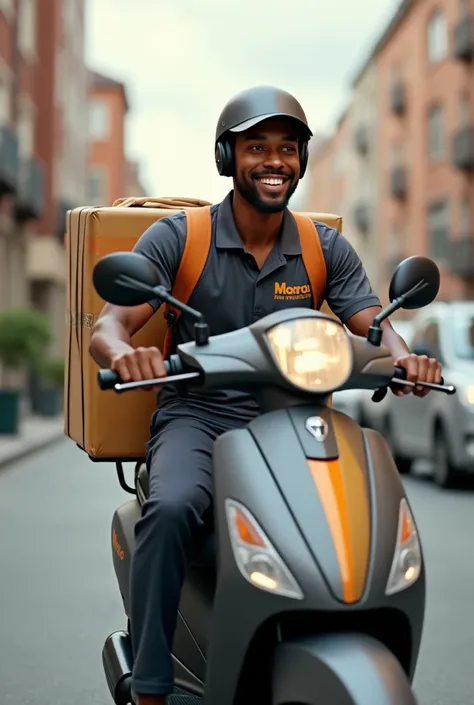 A black delivery guy happily riding a scooter with a delivery package 