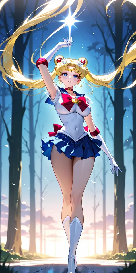 Masterpiece, elegant mature woman, princess sailor moon\(sailor moon\), white sailor senshi uniform, yellow ribbon on hips, double white sailor senshi skirt, parted lips, smile, tall body, big breast, sailor senshi uniform (sailor senshi uniform skirt, sai...