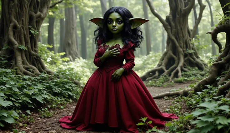 (best quality, 128k,highres,masterpiece:1.2),ultra-detailed,(realistic,photorealistic,photo-realistic:1.37), ((masterpiece)) ((photography)) ((Highest quality)) A whimsical goblin woman stands gracefully in an enchanted forest, her vibrant green skin and s...