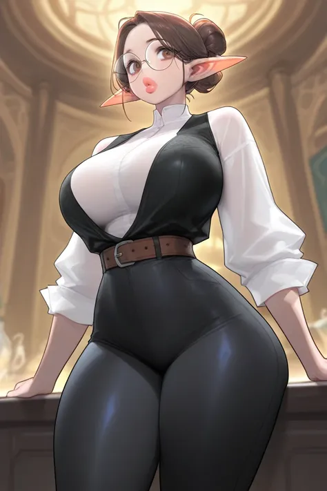 Gorgeous woman, elf, big lips, long ears, big eyes, brown eyes, hair bun, large breasts, large thighs, narrow waist, white shirt, black vest, black pants, brown belt, round glasses, 