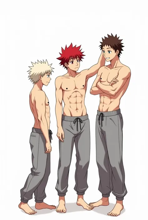 A photo of Eijirou, Katsuki and Shoto, from Mha, all together, wearing only grey jogging pants and they are shirtless. Their muscular chest on full display. The quality is like anime in the series. Eijirou is in the middle and ruffling Katsuki's hair who i...