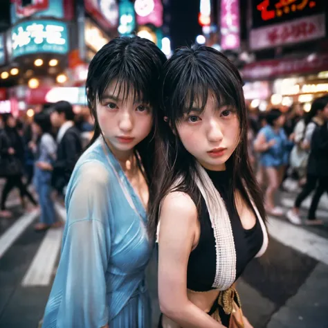 1980s-1990s Japanese Twin Idols - Shinjuku, Harajuku, Shibuya Street Photography

"Dramatic high-angle street photo of twin idols standing among a sea of pedestrians at Shinjuku station, all eyes drawn to their synchronized poses."