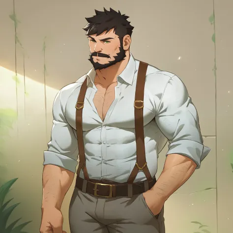 score_9, score_8_up, score_7_up, rating_safe, detailed, solo, wagnergi, male focus, mature male, muscular male, manly, strong jaw, (looking at viewer), detailed face, green pupils, facial hair, beard, white shirt, collared shirt, belt, grey pants, pectoral...