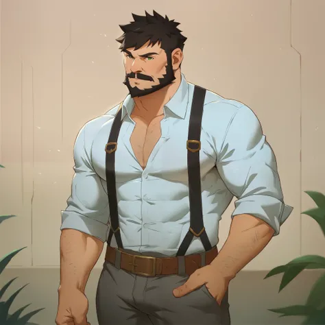 score_9, score_8_up, score_7_up, rating_safe, detailed, solo, wagnergi, male focus, mature male, muscular male, manly, strong jaw, (looking at viewer), detailed face, green pupils, facial hair, beard, white shirt, collared shirt, belt, grey pants, pectoral...