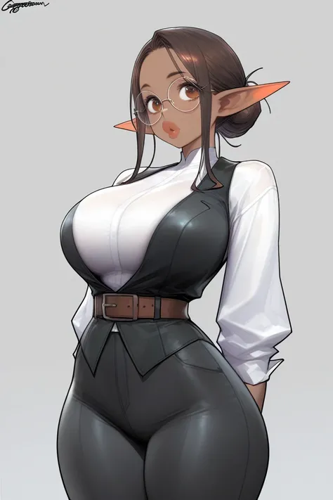 Gorgeous woman, elf, big lips, long ears, big eyes, brown eyes, hair bun, large breasts, large thighs, narrow waist, white shirt, black vest, black pants, brown belt, round glasses, dark skin,