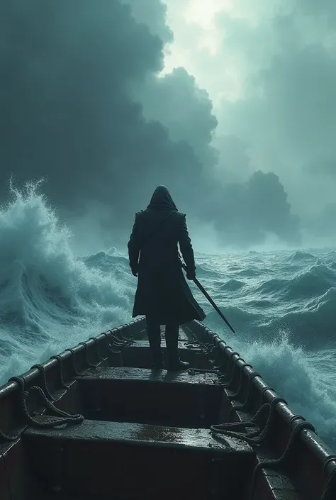 Draw a picture of a boat in a rough sea with only one crew member covered in shadows and with a sword in his hand