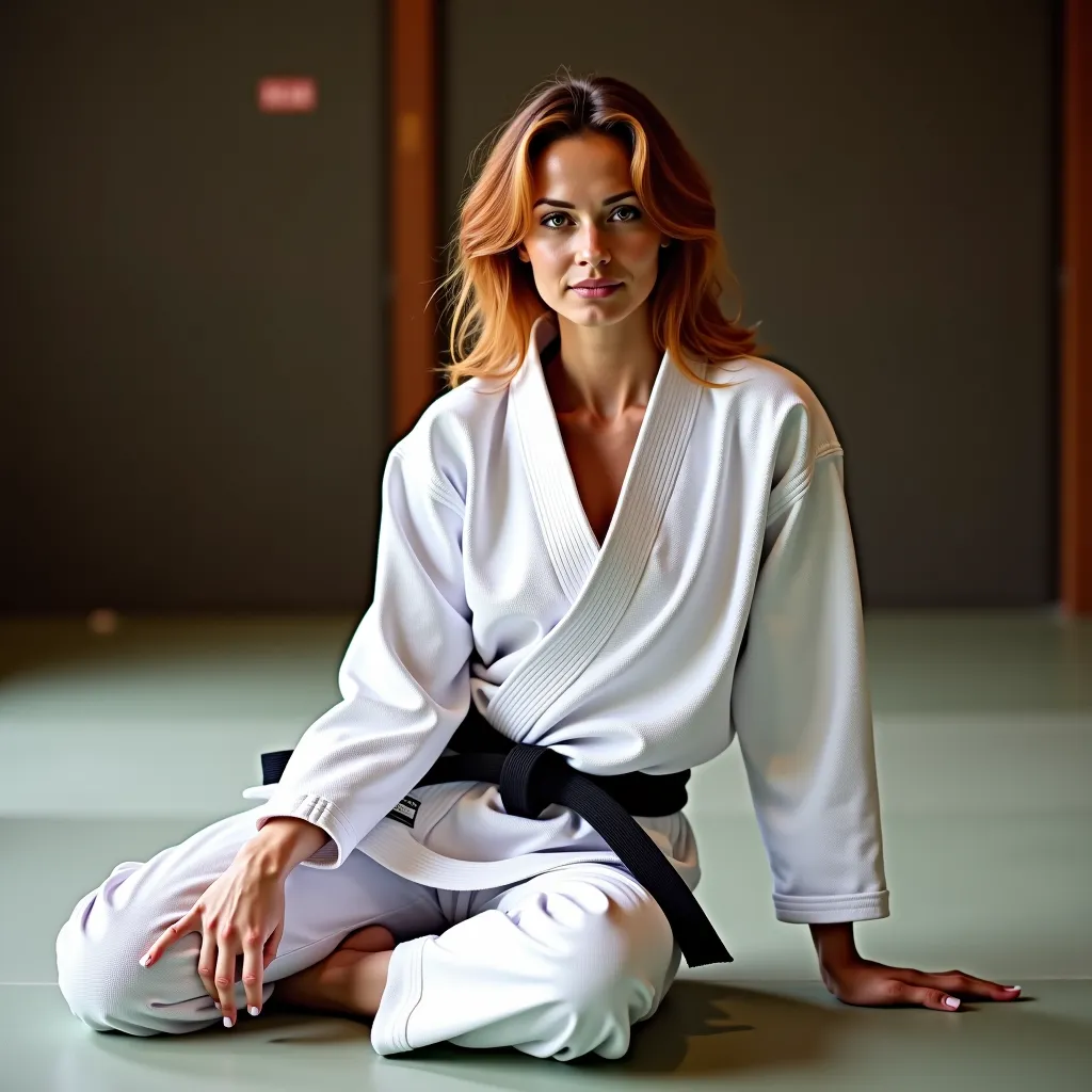 Une très belle athlète de judo,
50 ans,
Cheveux roux dans un dojo de judo,
pieds nus, 
judogi blanc de compétition, ceinture noire,
 Femme étirant ses jambes vers l'avant en étant assise par terre. 