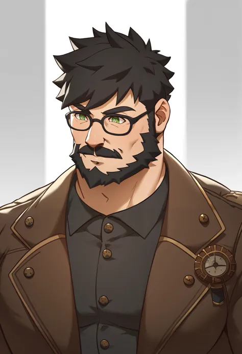 Masterpiece, Best Quality, Ultra-Detailed, 1man, male, manly male, alpha male, old mature muscular male, big, stud, jock, bara, bear, black hair, very short hair, black beard, green pupils, bright pupils, very beautiful and detailed eyes, very detailed eye...
