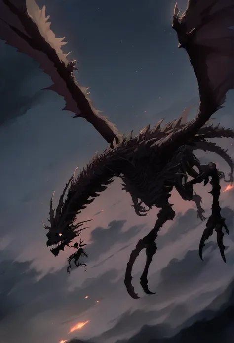 masterpiece, best quality, high quality, anime, 1 dragon, solo,  skull zombie dragon, Long body, Long bony wings, skeletal dragon, flying, soaring the night sky