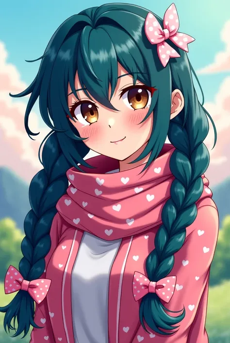 Anime girl, with vitiligo skin, long dark cyan hair in two braids, brown eyes, heart patterned scarf, bow in her hair, my hero academia artstyle