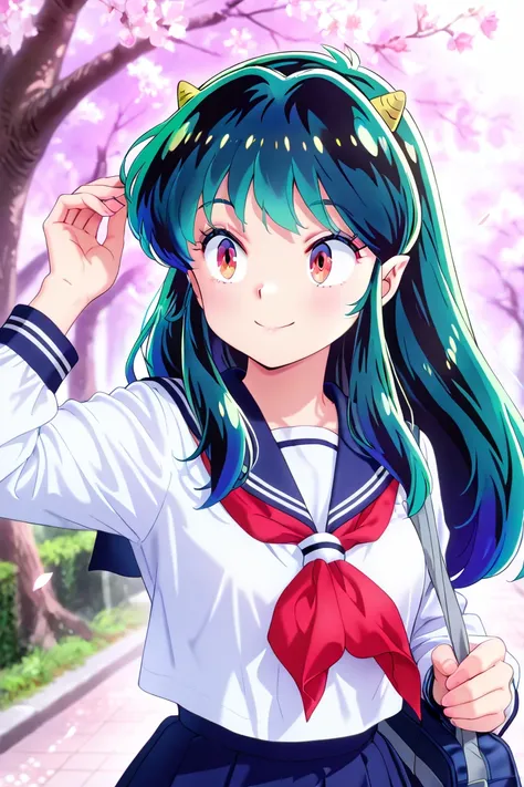 Spring, rows of cherry trees, Urusei Yatsura Ram-chan, red eyes, blue eye shadow, dark green waist-length hair, 1 cm triangular horn on the side of her head, navy blue sailor suit, school bag in her left hand, going to school looking at cherry blossoms, po...