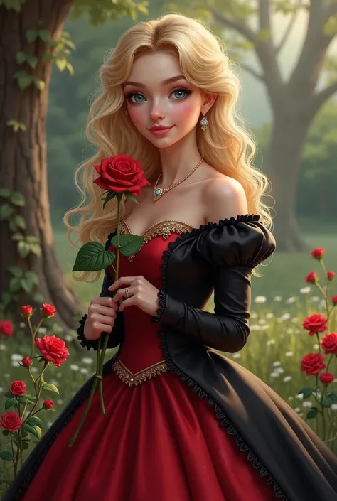 A beautiful princess with light blonde curly hair, Dark blue eyes, wearing a beautiful red and black dress in the style of the Queen of Hearts who is her mother. Princess of the Kingdom of Cups.  realistic drawing style . In the Queen's garden, holding a r...