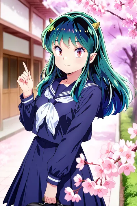 Spring, rows of cherry trees, Urusei Yatsura Ram-chan, red eyes, blue eye shadow, dark green waist-length hair, 1 cm triangular horn on the side of her head, navy blue sailor suit, school bag in her left hand, going to school looking at cherry blossoms, po...