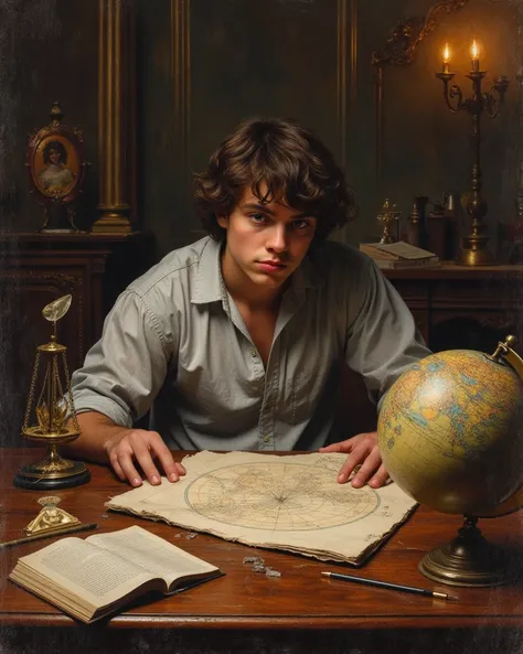 Neo-baroque style, oil pastel blend, a young man (sitting on a wooden table, drawing cartography, globe on the table, many geography book on the table, compass, scale, pens on the table) glamorous and luxurious setting, warm and rich color tones, intricate...