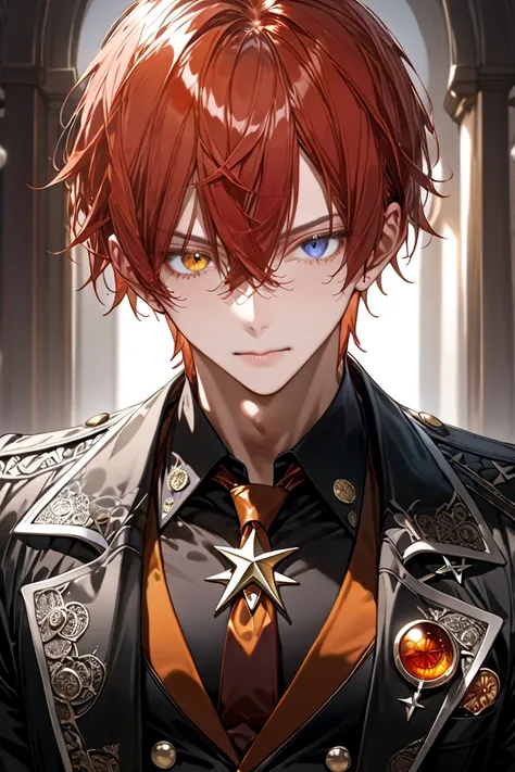 MASTERPIECE, BEST QUALITY, ULTRA DETAILED, HIGH DEFINITION, ILLUSTRATION, INTRICATE DETAILS, HYPER DETAILED, 1boy, thin, toned, short hair, red hair, heterochromia: right eye amber, left eye bright wine, pentagram pupil, black pants, brown belt, black shir...