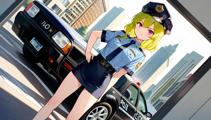 score_9,score_8_up,score_7_up,rating_safety,source_manga,masterpiece,best quality,hyper detailed,super fine illustration,8k,front angle,BREAK 1woman,26yo,police cap,yellow green hair,pink eyes,(small breast:0.7),police uniform,standing,BREAK police car,cen...