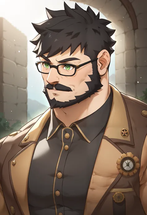 Masterpiece, Best Quality, Ultra-Detailed, 1man, male, manly male, alpha male, old mature muscular male, big, stud, jock, bara, bear, black hair, very short hair, black beard, green pupils, bright pupils, very beautiful and detailed eyes, very detailed eye...