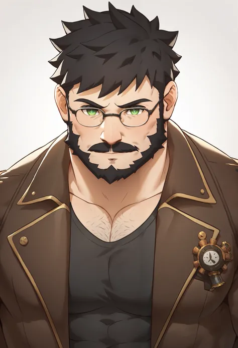 Masterpiece, Best Quality, Ultra-Detailed, 1man, male, manly male, alpha male, old mature muscular male, big, stud, jock, bara, bear, black hair, very short hair, black beard, green pupils, bright pupils, very beautiful and detailed eyes, very detailed eye...
