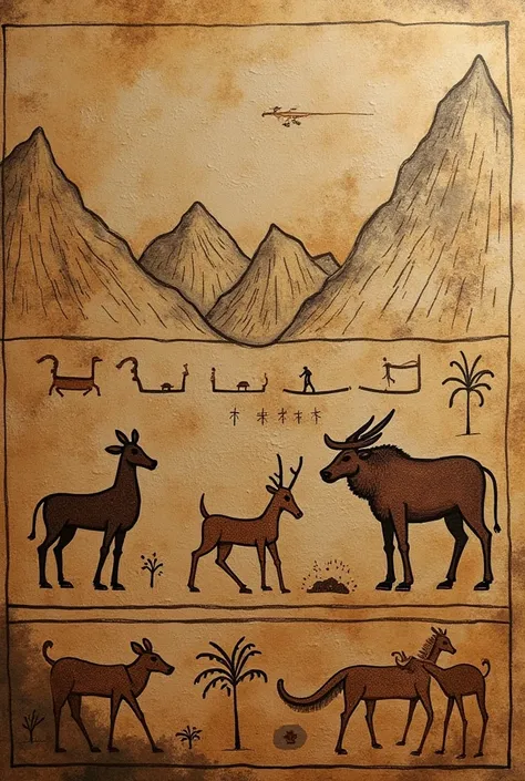 Make me a hieroglyphics that cavemen made on the walls with this fact passing 3 mountains from here there is a valley and next to it there are 2 animals that can be food . And the drawings have to be next to them all by the way 