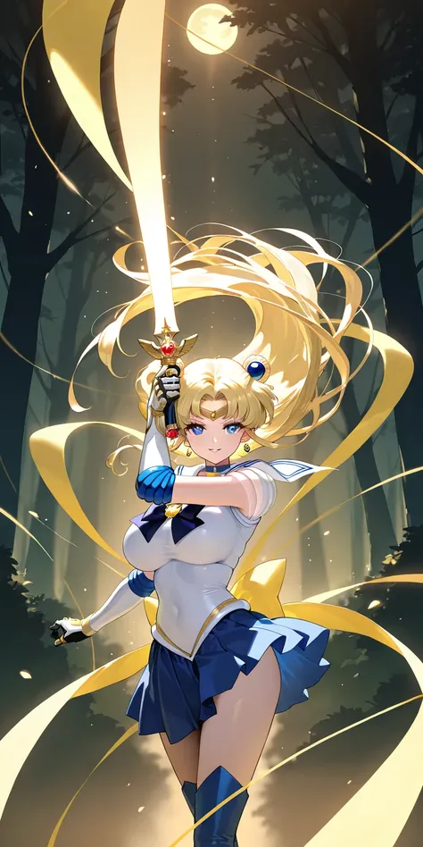 Masterpiece, elegant mature woman, princess moon\(princess moon\), white sailor senshi uniform, yellow ribbon on hips, parted lips, smile, tall body, big breast, sailor senshi uniform (sailor senshi uniform skirt, sailor senshi uniform gauntlet, sailor sen...