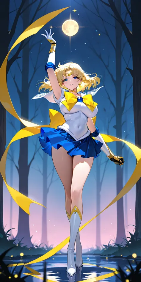 Masterpiece, elegant mature woman, princess moon\(princess moon\), white sailor senshi uniform, yellow ribbon on hips, parted lips, smile, tall body, big breast, sailor senshi uniform (sailor senshi uniform skirt, sailor senshi uniform gauntlet, sailor sen...