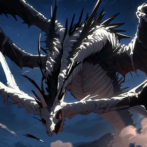 masterpiece, best quality, high quality, anime, 1 dragon, solo,  skull zombie dragon, Long body, Long bony wings, skeletal dragon, flying, soaring the night sky