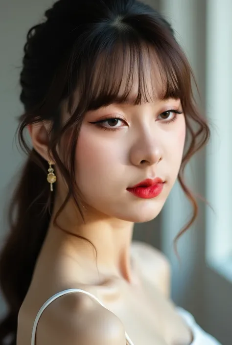 A Korean actress in a Photoshoot with a neck length Silky brown hair and bangs