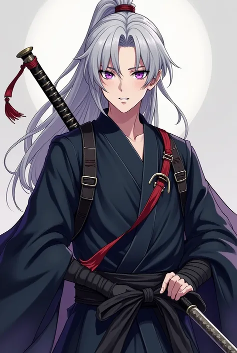 Make a Japanese Samurai high-elf from the Patrol class in DeD anime style. He has snow-gray hair and purple eyes, Does he have a masculine face, trusting, Use light samurai clothing to hunt all kinds of monsters, Your clothes are preferably always black to...