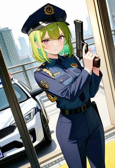 score_9,score_8_up,score_7_up,rating_safety,source_manga,masterpiece,best quality,hyper detailed,super fine illustration,8k,cinematic angle,BREAK 1woman,26yo,police cap,yellow and green hair,pink eyes,(small breast:0.7),police uniform,holding_handgun,stand...