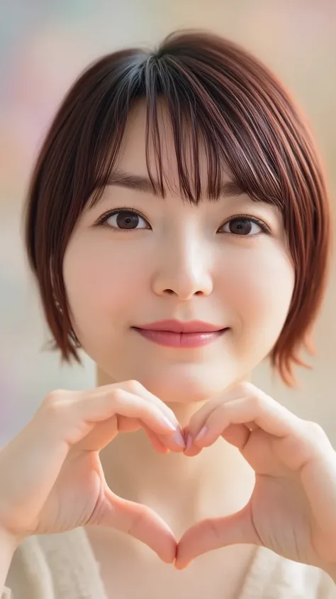 A close-up of a young woman’s face, smiling softly, forming a heart shape with her hands in front of her face. She has warm, natural lighting, smooth skin, and a gentle expression. The background is softly blurred with pastel tones. The image has a soft fo...